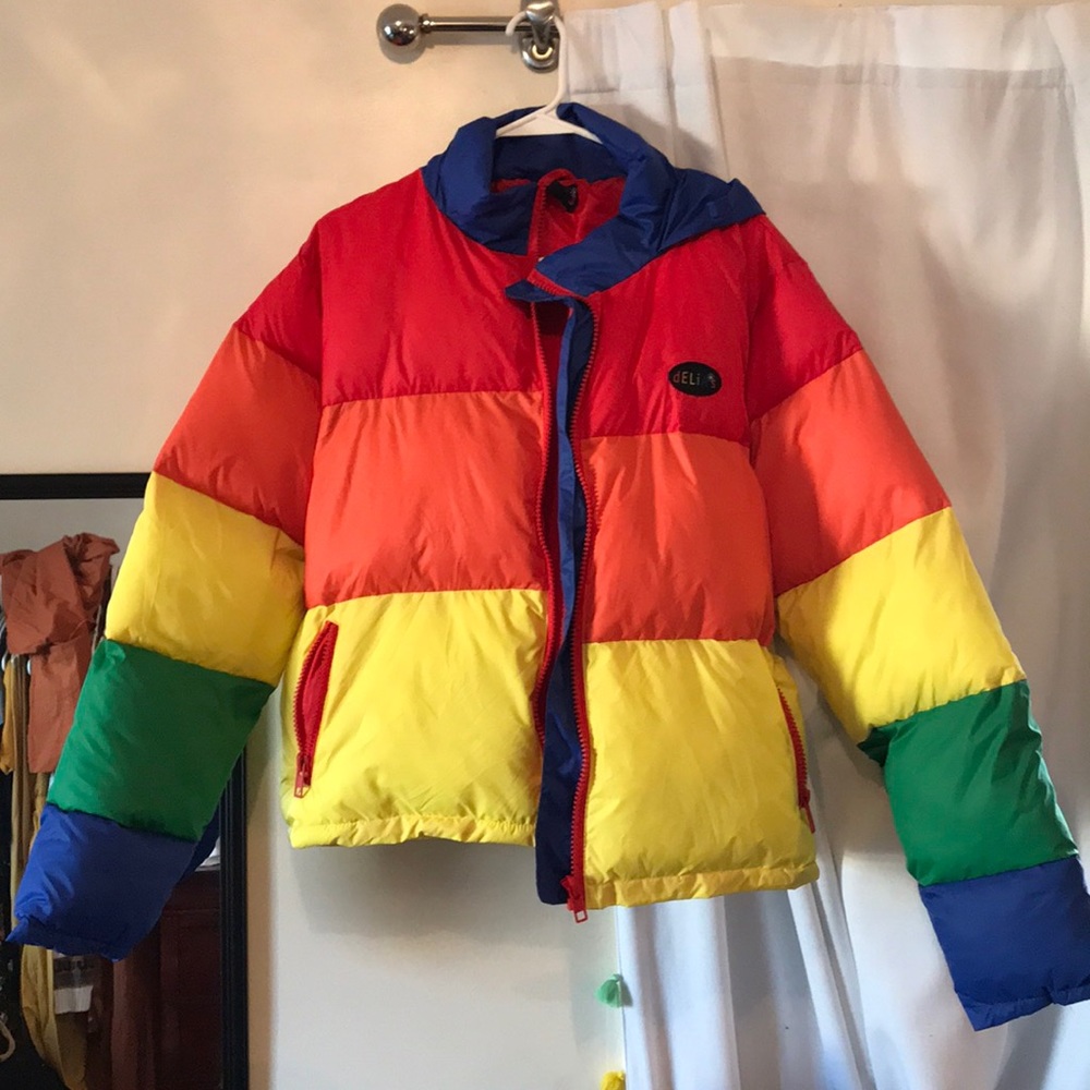 Dollskill x Delia’s rainbow puffer jacket.